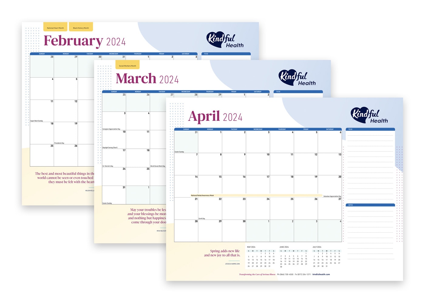 Branded custom desktop calendar for Kindful Health.