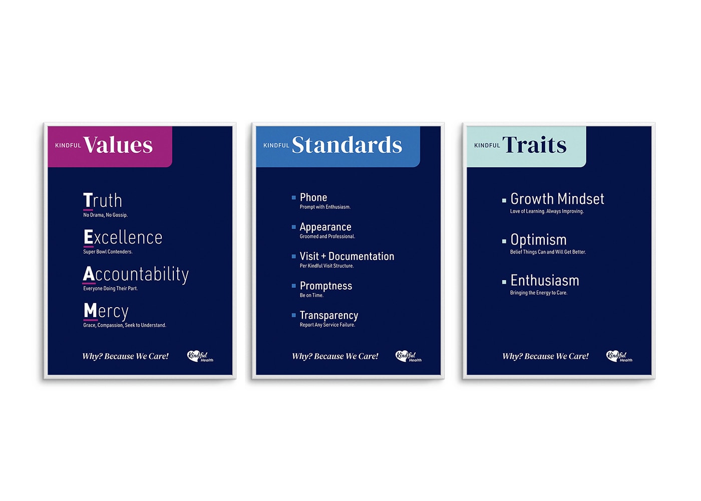 Set of posters showing values, standards, and traits of Kindful Health.