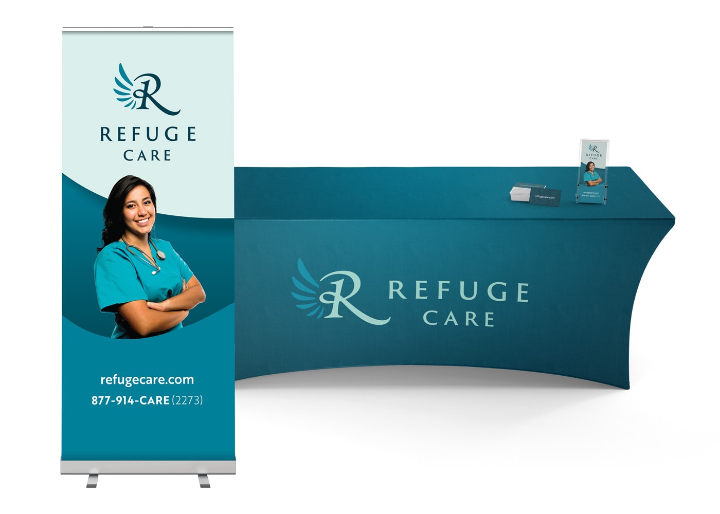 Retractable banner and table cloth branding for Refuge Care
