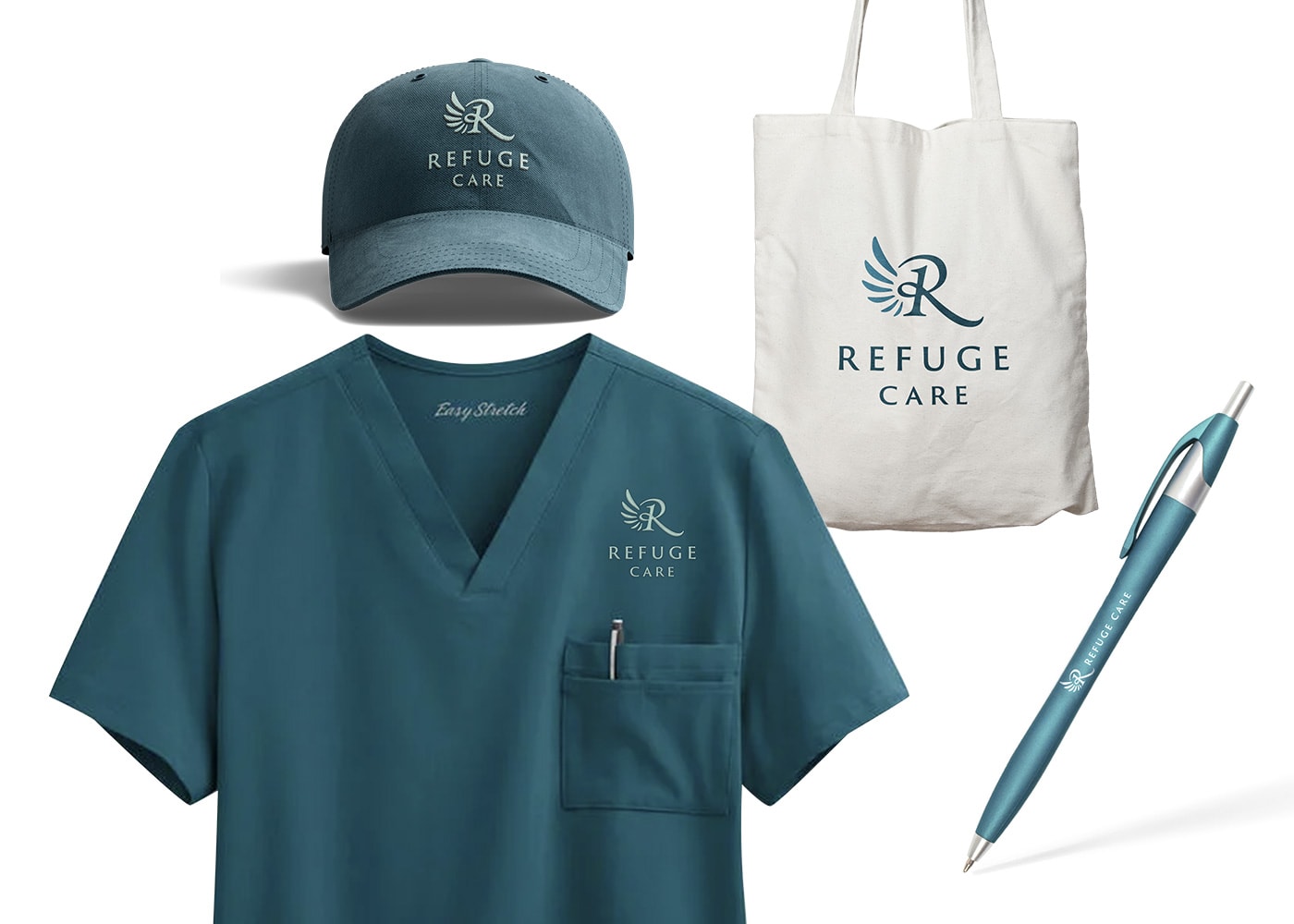 Mockup of nurse scrubs, baseball cap, canvas tote, and pen for Refuge Care