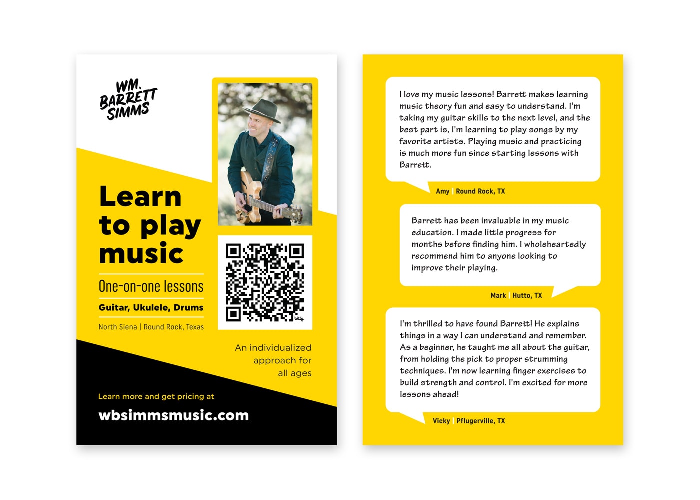 Postcard mockup: Learn to play music with Wm. Barrett Simms. One-on-one lessons, guitar, ukulele, drums