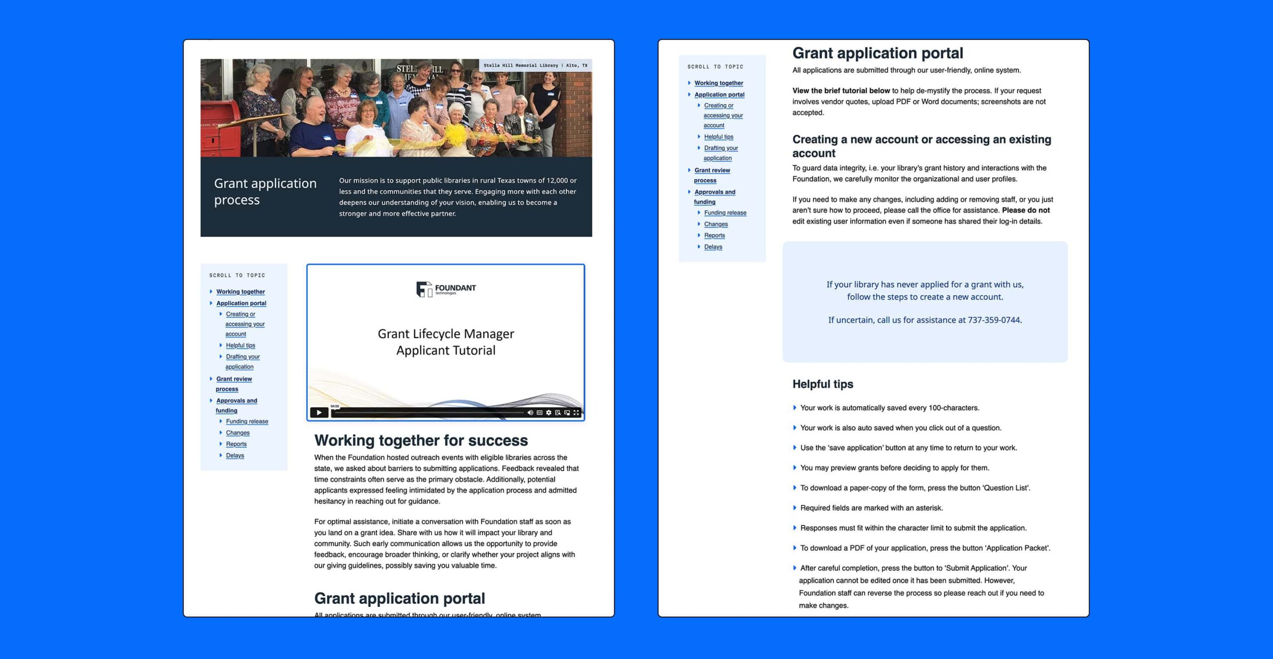 Tocker grant application guide with floating sidebar.