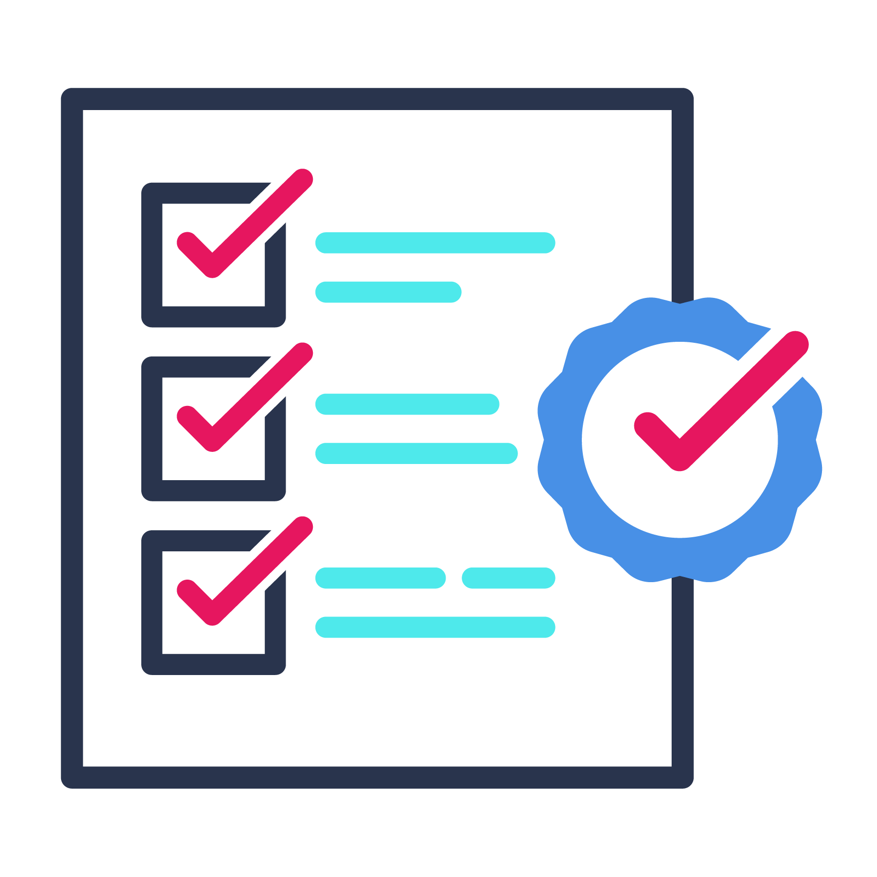 Line icon of three item list with completed checkmarks and a certificate icon with a larger checkmark to the right of the document