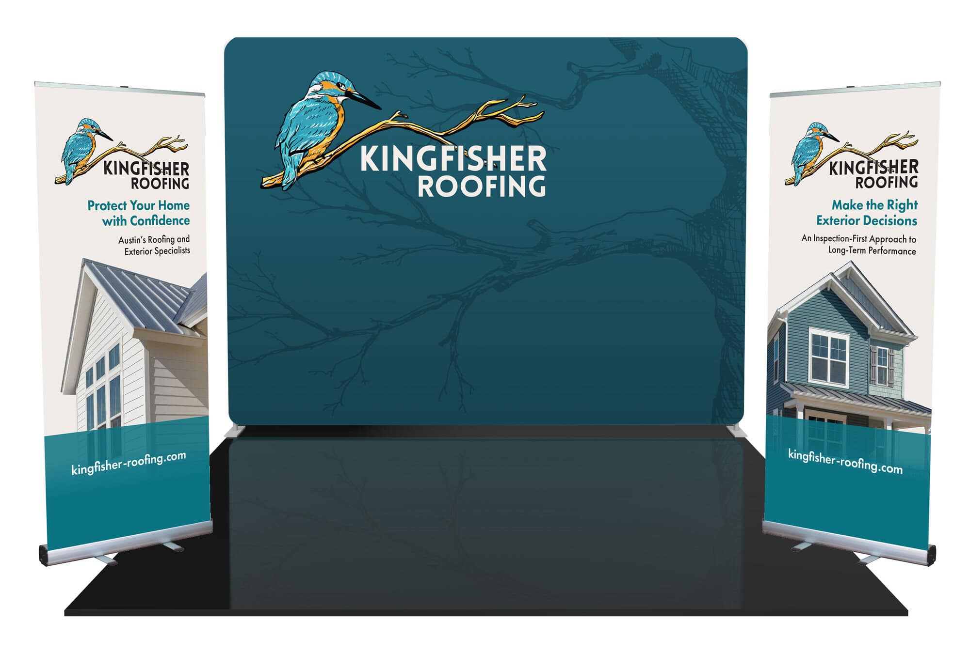 Teal fabric backwall with Kingfisher Roofing bird on a branch logo. Backdrop is flanked by two retractable displays featuring the front and roofline of modern homes.