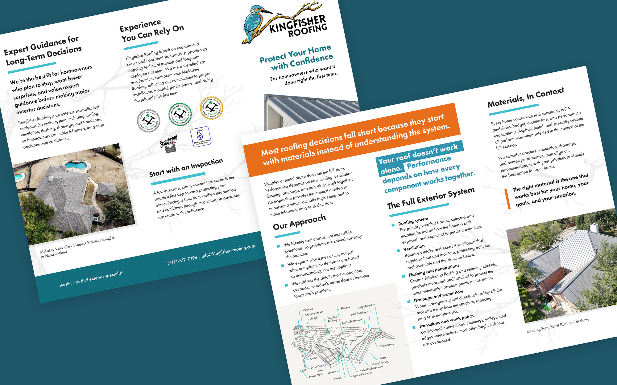 Trifold brochure design for Kingfisher Roofing